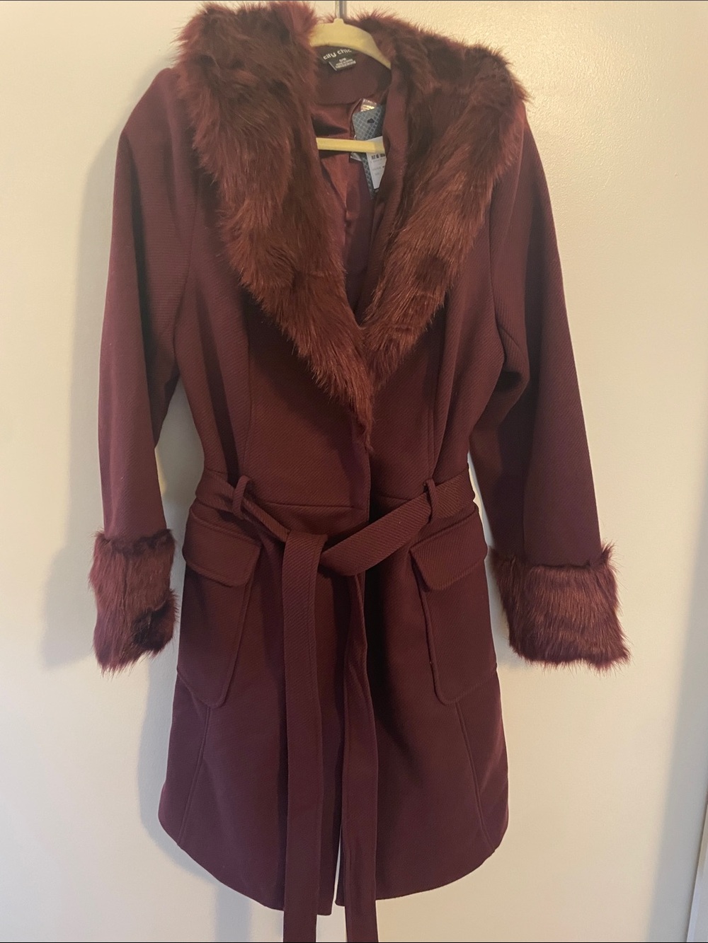 City Chic Make Me Blush Belted Coat - Bordeaux